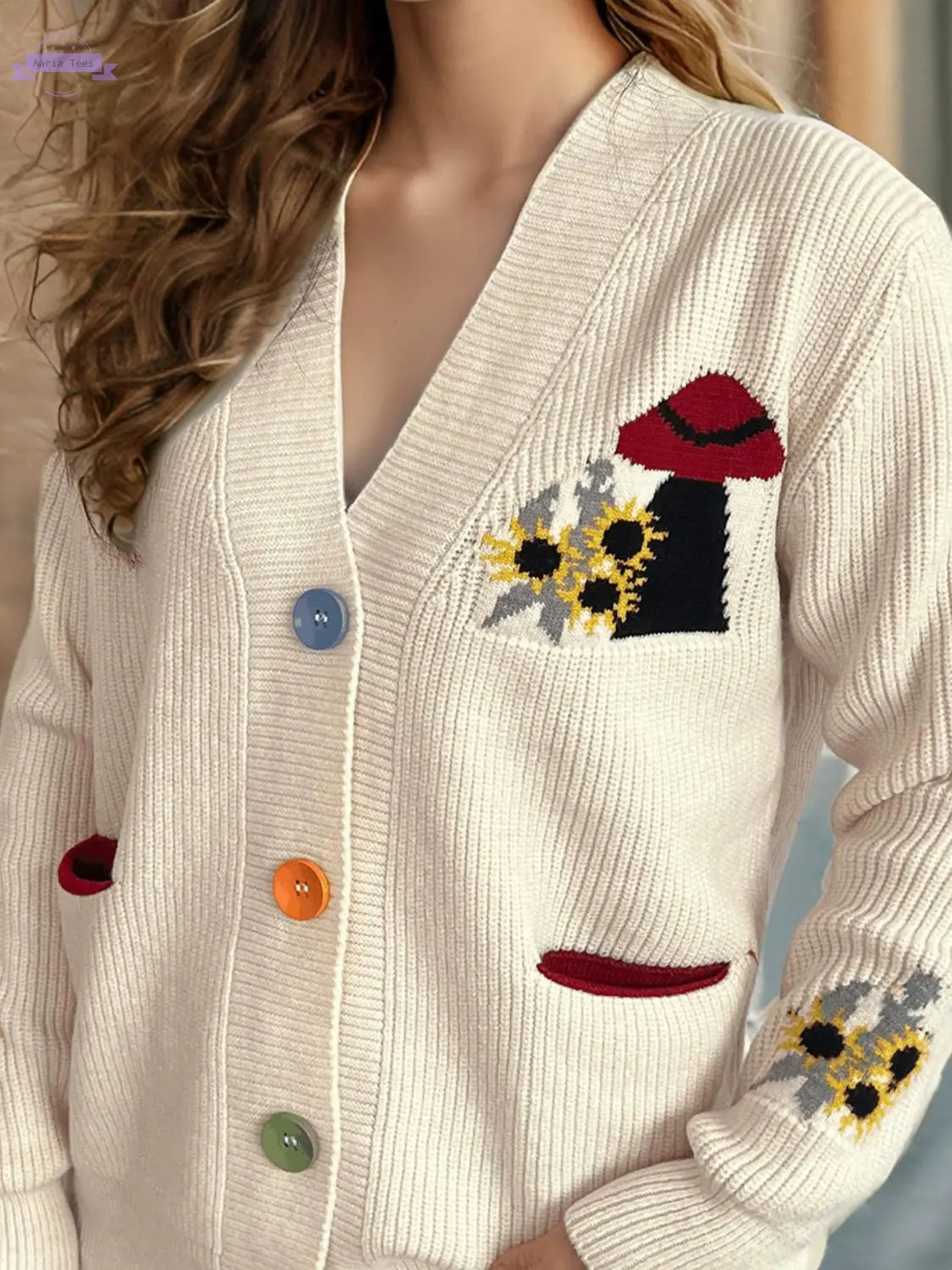 Contrast Button V-Neck Long Sleeve Cardigan Trendsi Aaria Tees