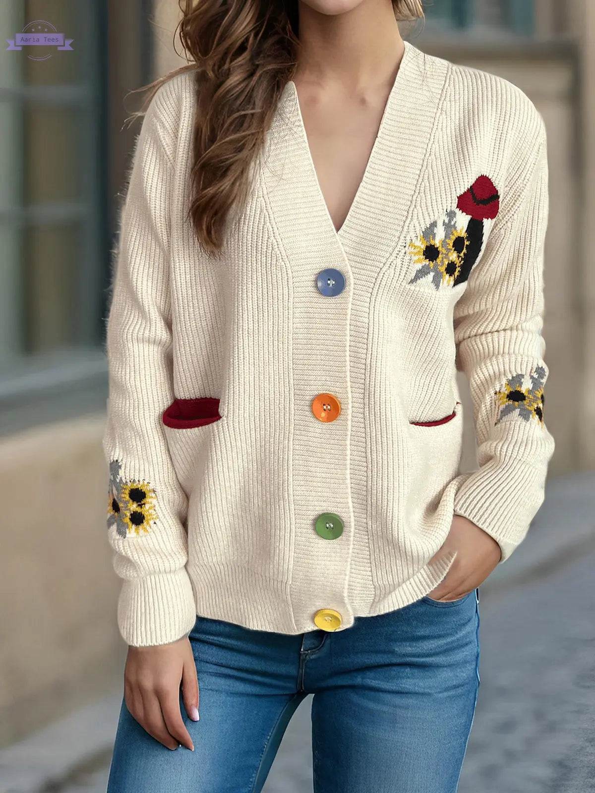 Contrast Button V-Neck Long Sleeve Cardigan Trendsi Aaria Tees