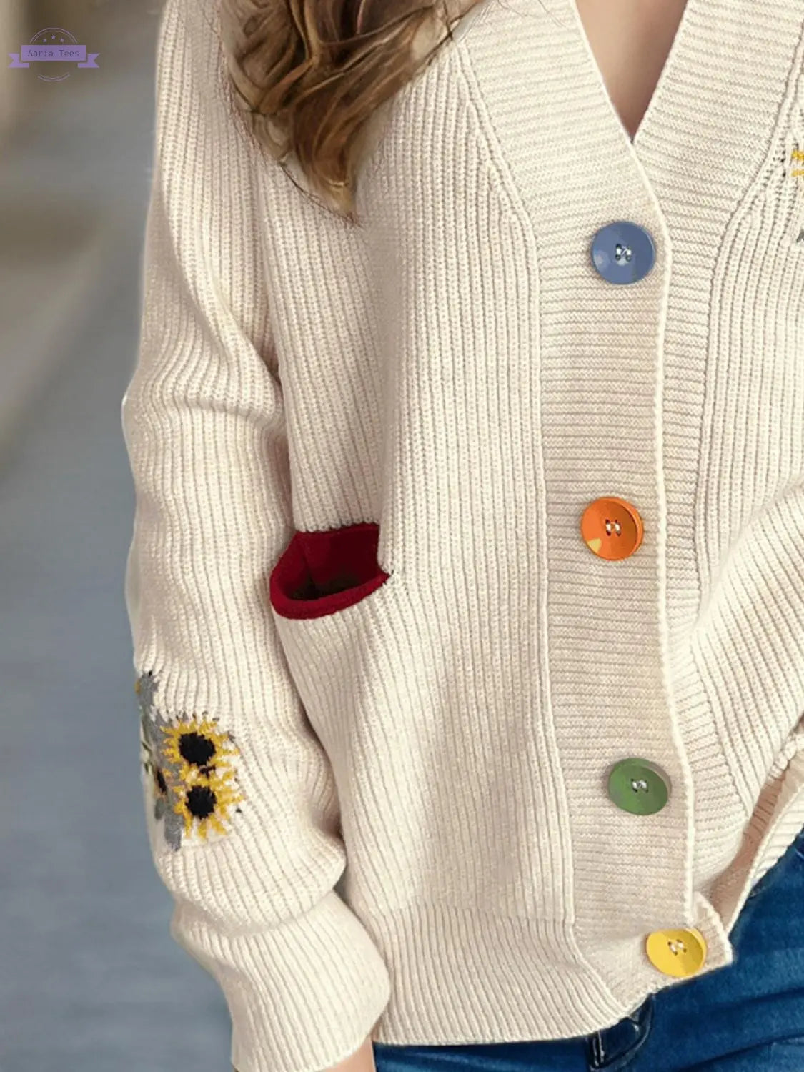 Contrast Button V-Neck Long Sleeve Cardigan Trendsi Aaria Tees
