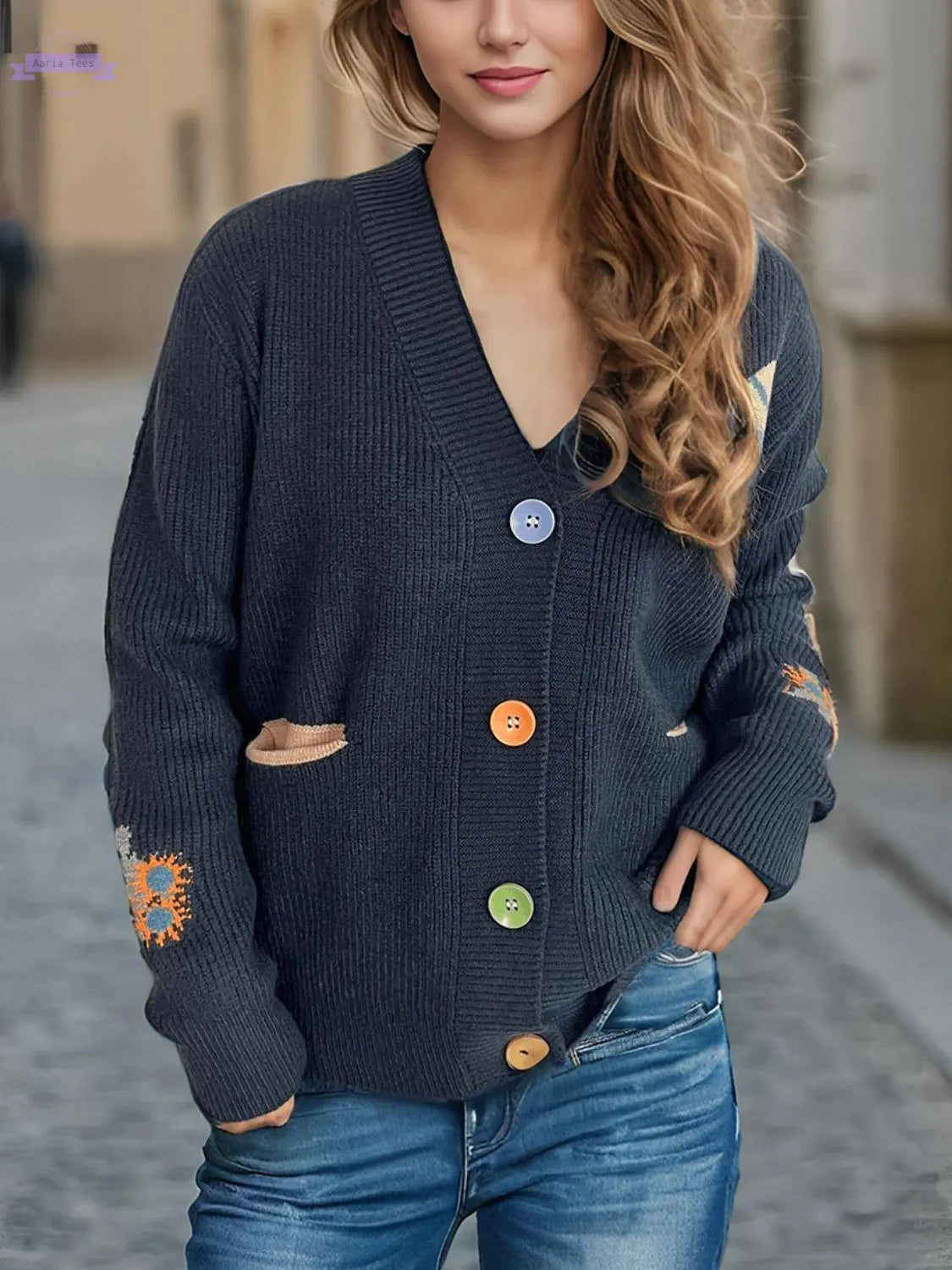 Contrast Button V-Neck Long Sleeve Cardigan Trendsi Aaria Tees