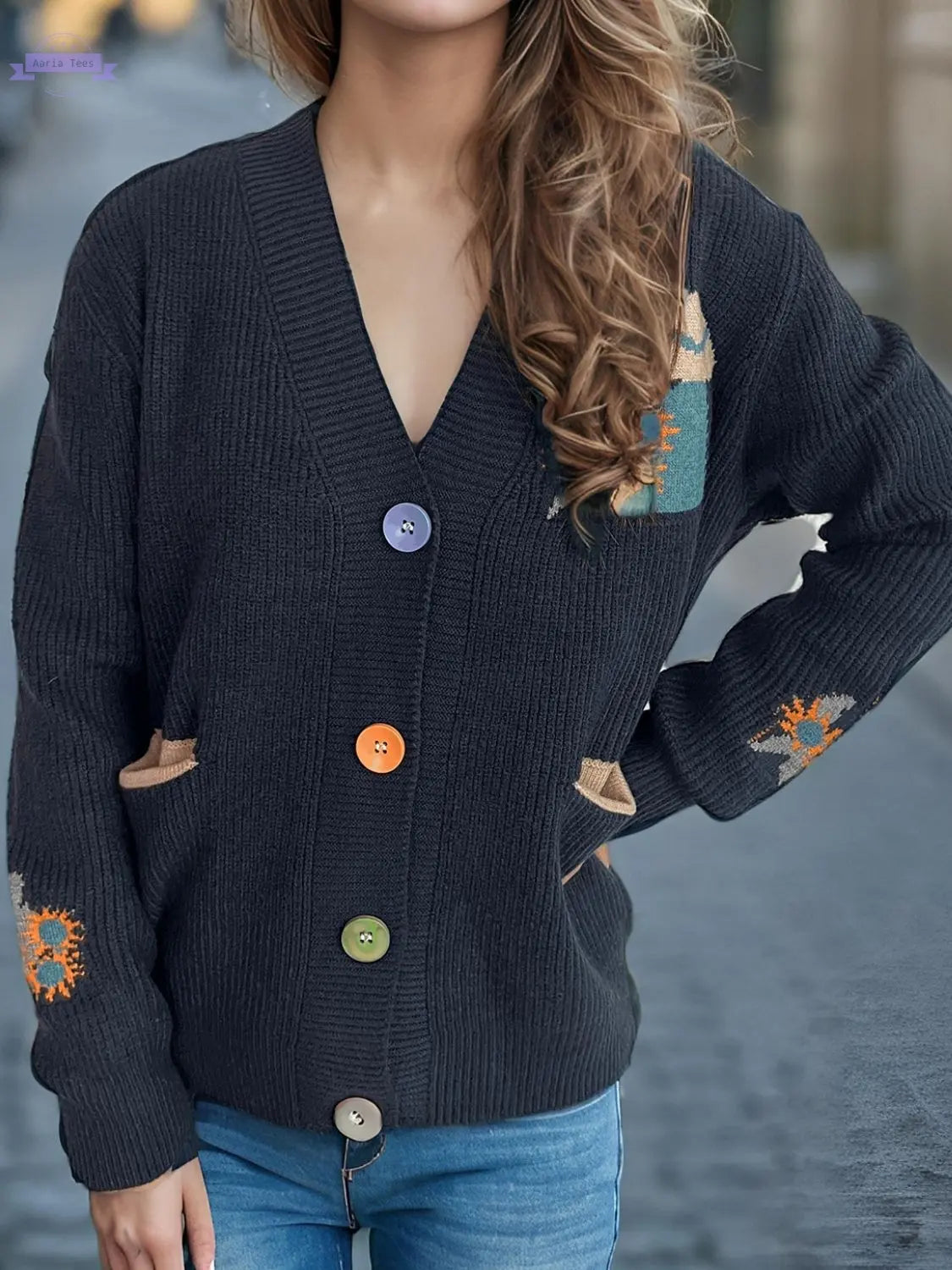 Contrast Button V-Neck Long Sleeve Cardigan Trendsi Aaria Tees