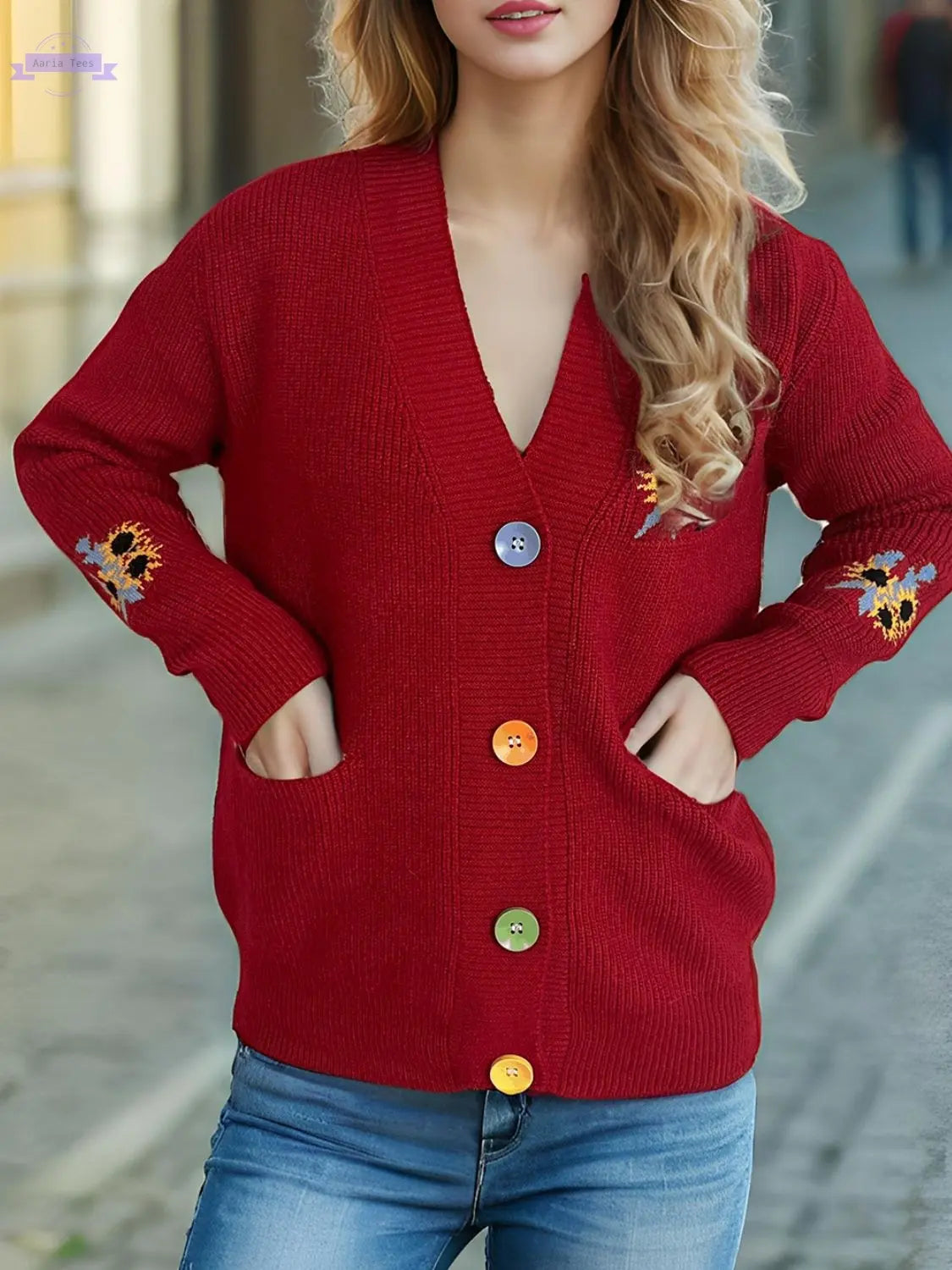 Contrast Button V-Neck Long Sleeve Cardigan Trendsi Aaria Tees