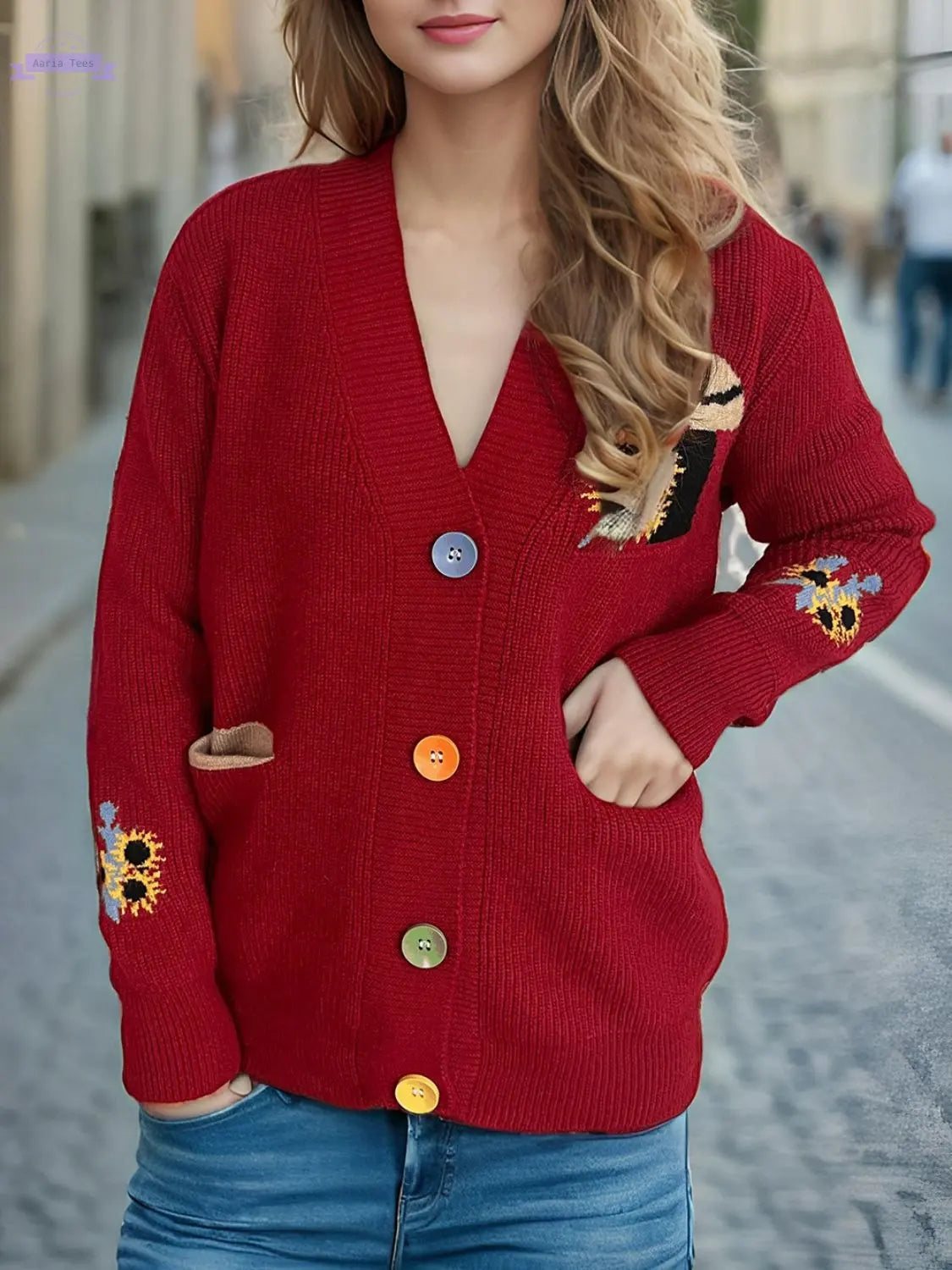 Contrast Button V-Neck Long Sleeve Cardigan Trendsi Aaria Tees