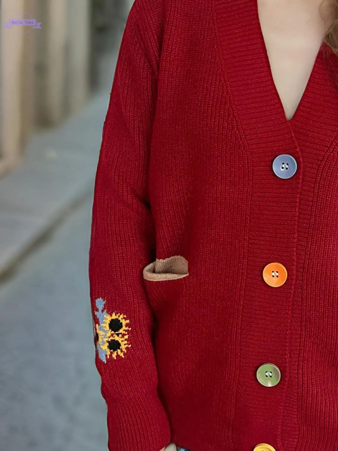 Contrast Button V-Neck Long Sleeve Cardigan Trendsi Aaria Tees