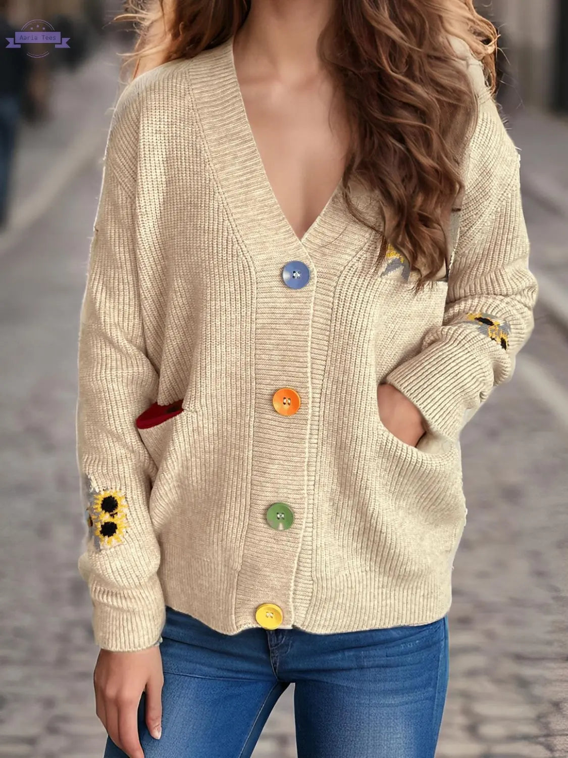 Contrast Button V-Neck Long Sleeve Cardigan Trendsi Aaria Tees