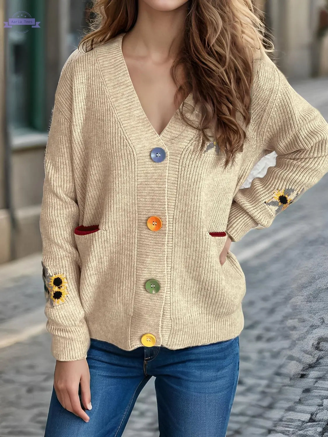 Contrast Button V-Neck Long Sleeve Cardigan Trendsi Aaria Tees