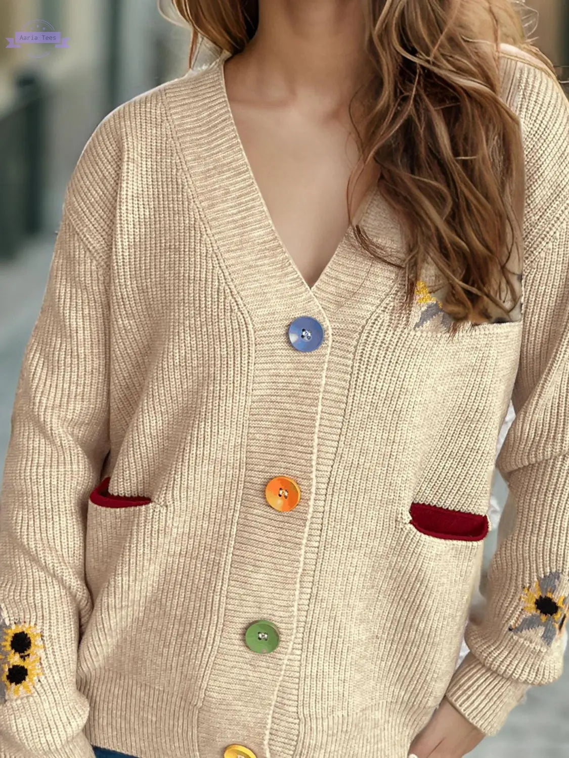 Contrast Button V-Neck Long Sleeve Cardigan Trendsi Aaria Tees