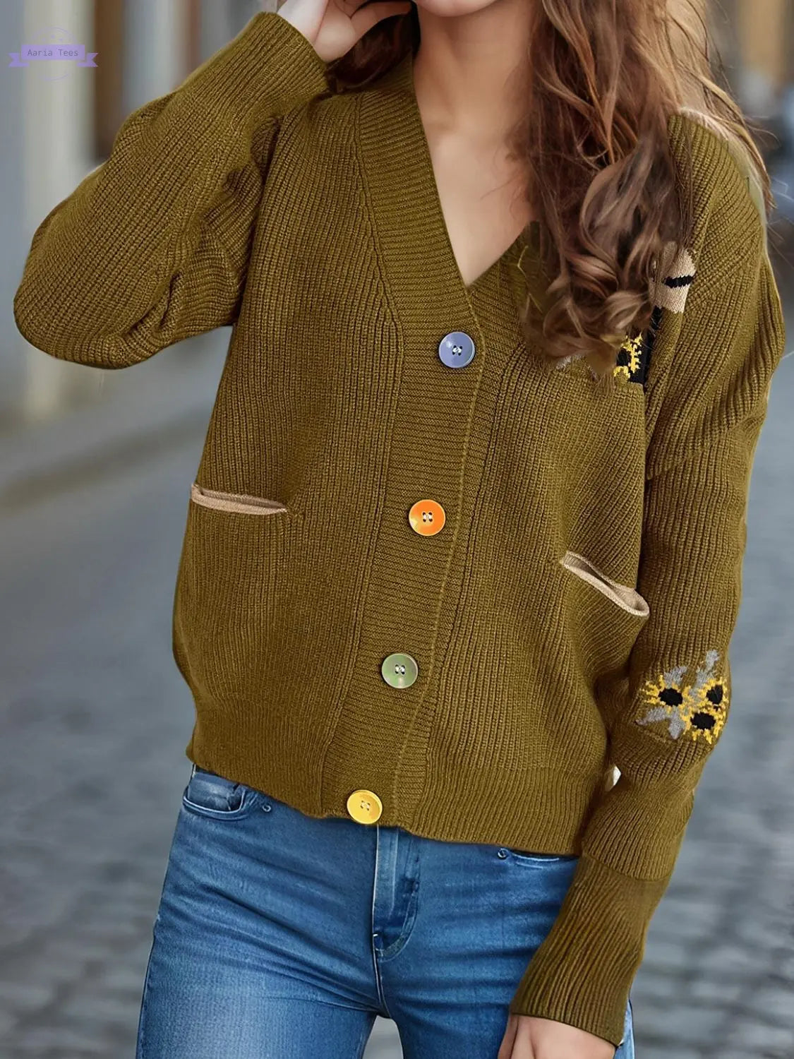 Contrast Button V-Neck Long Sleeve Cardigan Trendsi Aaria Tees