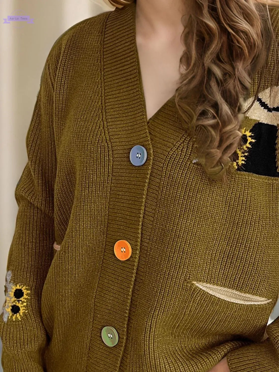 Contrast Button V-Neck Long Sleeve Cardigan Trendsi Aaria Tees
