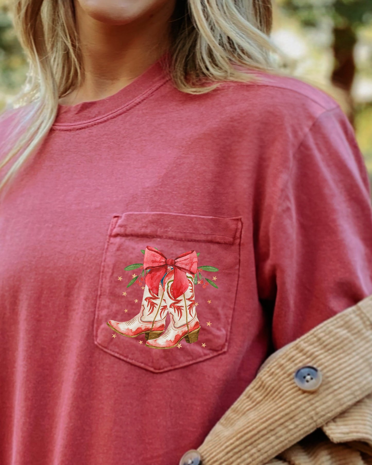Cowboy Boots, Pocket, Christmas, Bow, Mistletoe, Santa, Winter, Snow, Xmas Pocket Tee Comfort Colors T-Shirt