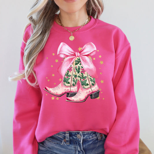 Cowgirl Christmas, Cowboy Boots, Country, Western, Santa, Ribbons, Bows Sweatshirt