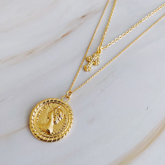 Cross And Coin Layered Necklace - Aaria Tees