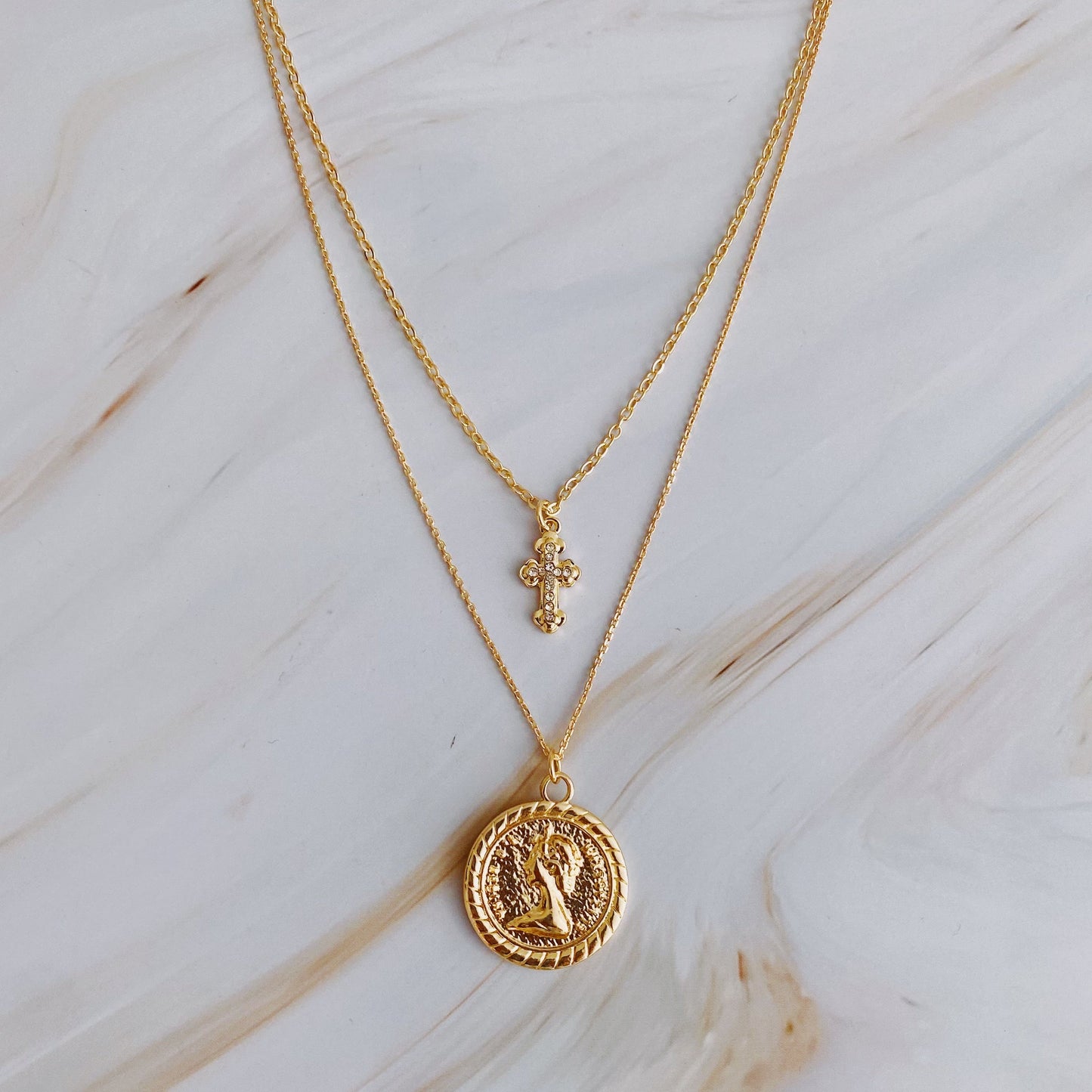 Cross And Coin Layered Necklace - Aaria Tees
