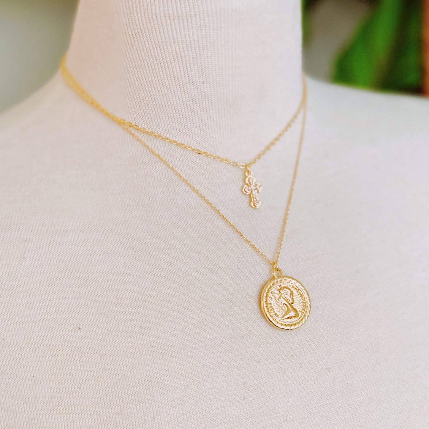 Cross And Coin Layered Necklace - Aaria Tees
