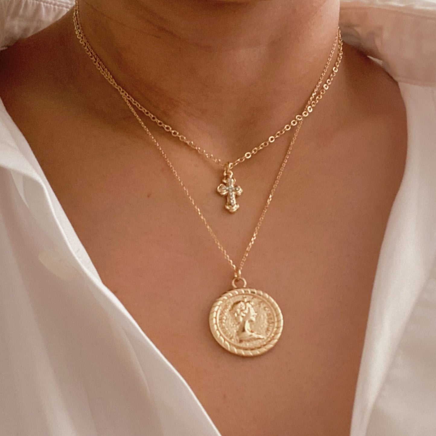 Cross And Coin Layered Necklace - Aaria Tees