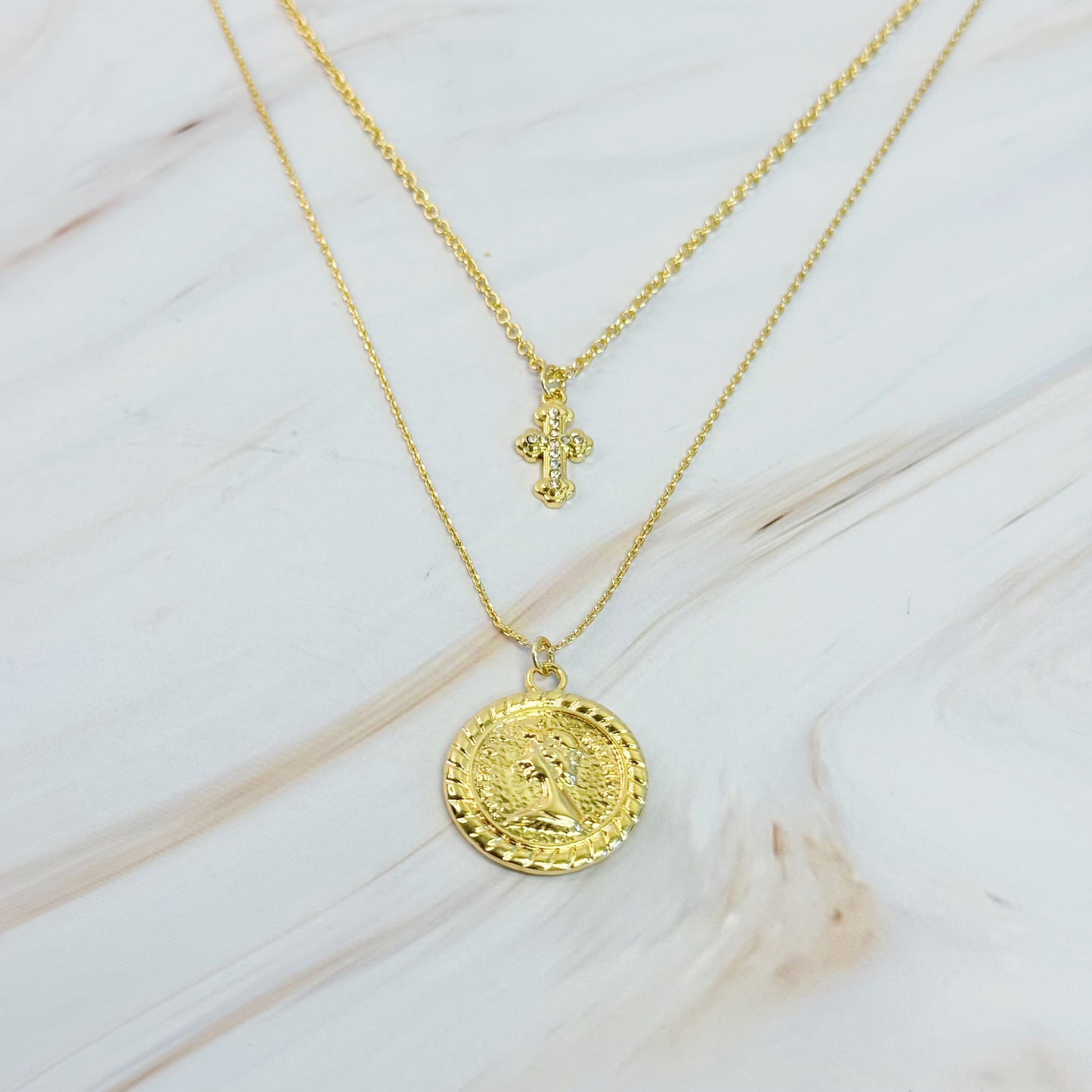 Cross And Coin Layered Necklace - Aaria Tees