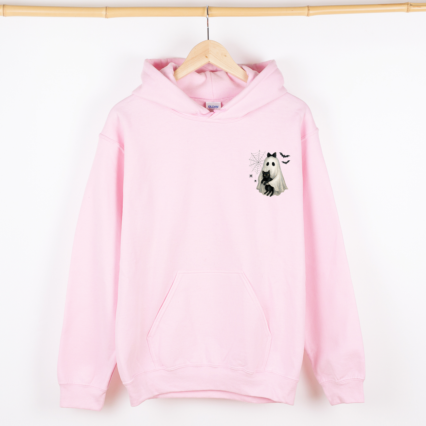 Cute Ghost, Black Cat, Halloween, Coquette, Pocket Hoodie, Hooded Sweatshirt