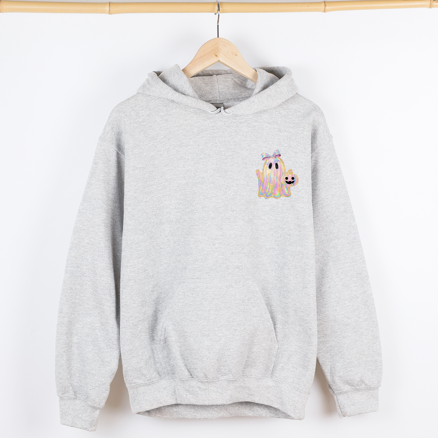 Cute Ghost, Coquette, Ribbon, Faux Glitter, Halloween, Pocket Hoodie, Hooded Sweatshirt