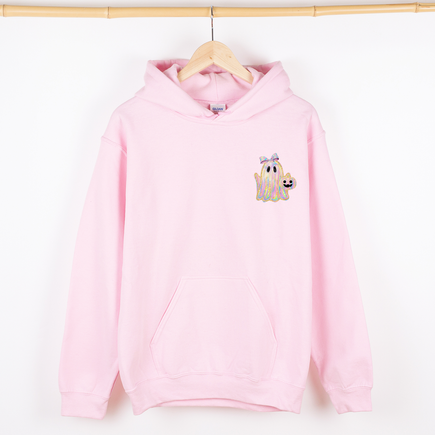 Cute Ghost, Coquette, Ribbon, Faux Glitter, Halloween, Pocket Hoodie, Hooded Sweatshirt