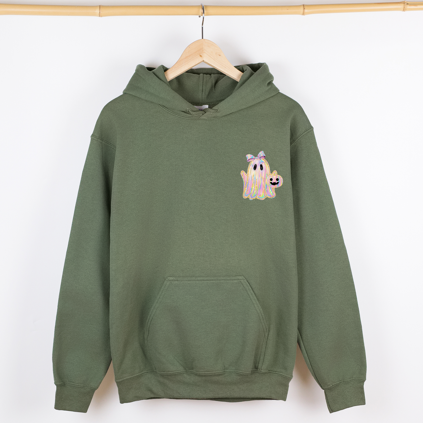 Cute Ghost, Coquette, Ribbon, Faux Glitter, Halloween, Pocket Hoodie, Hooded Sweatshirt
