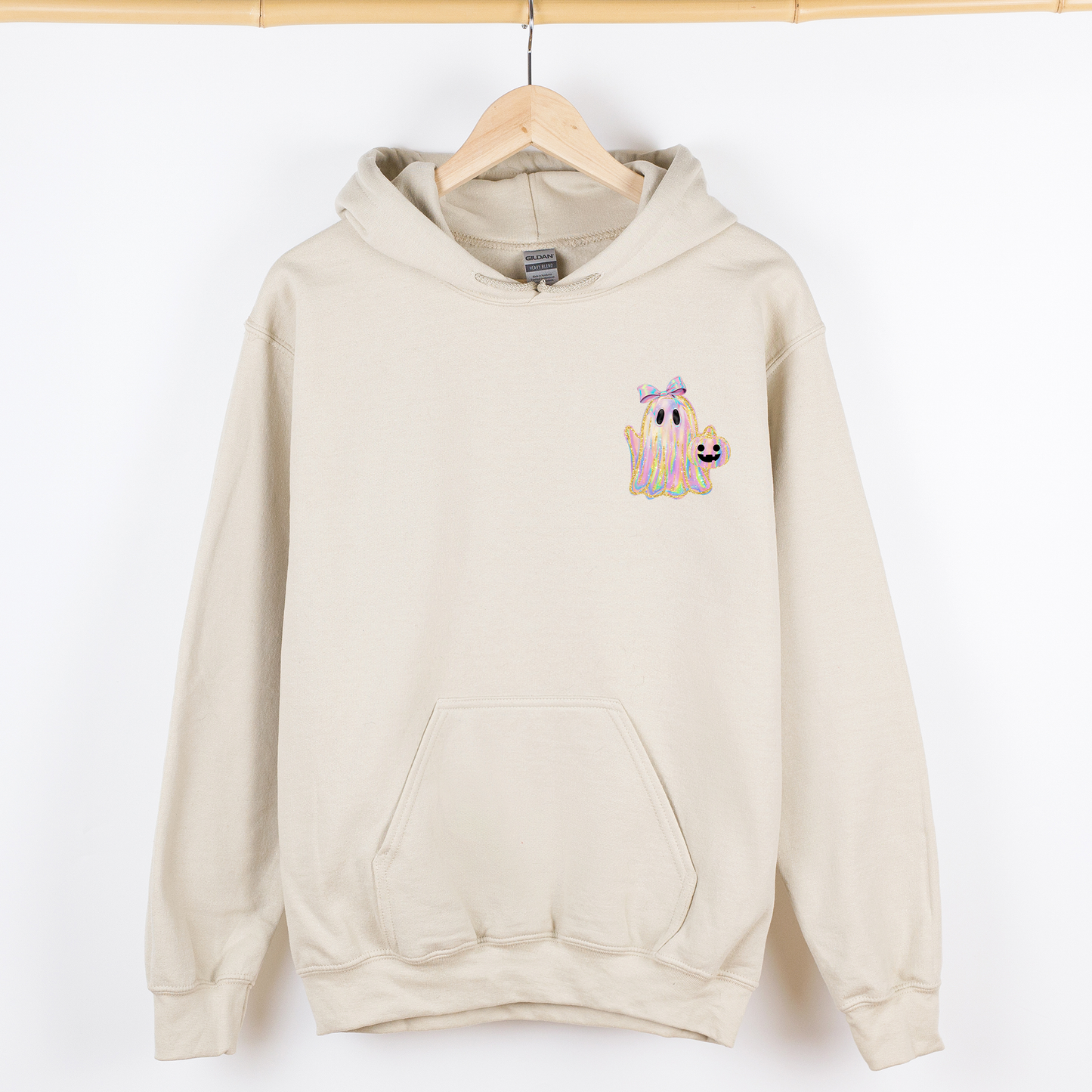Cute Ghost, Coquette, Ribbon, Faux Glitter, Halloween, Pocket Hoodie, Hooded Sweatshirt