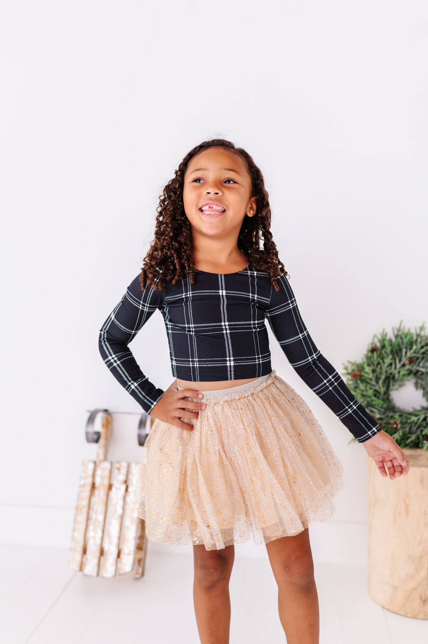 Black Plaid | CROPPED Bow Back Long Sleeve Top