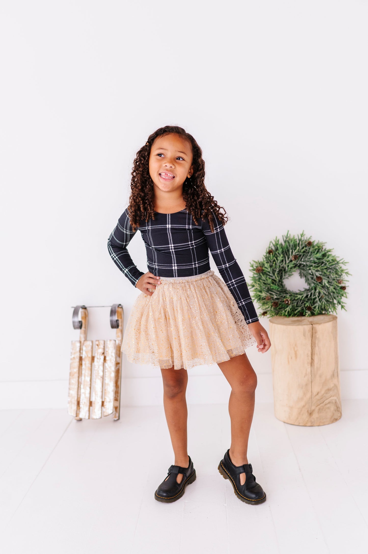 Black Plaid | CROPPED Bow Back Long Sleeve Top