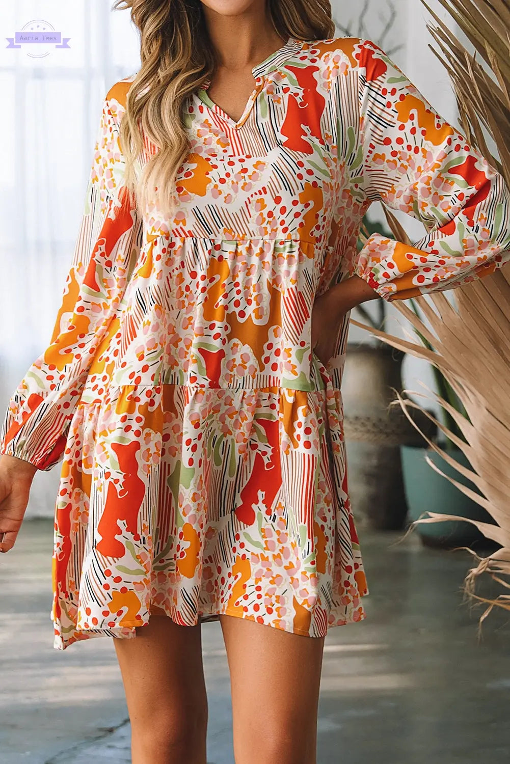 Daniella Split Neck Puff Sleeve Flowy Printed Dress Threaded Pear Aaria Tees