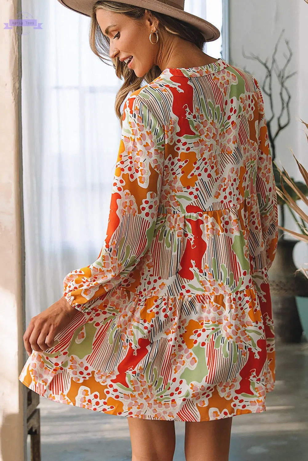 Daniella Split Neck Puff Sleeve Flowy Printed Dress Threaded Pear Aaria Tees
