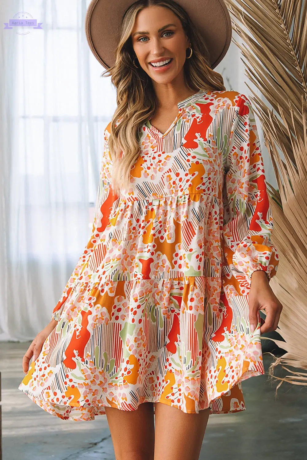 Daniella Split Neck Puff Sleeve Flowy Printed Dress Threaded Pear Aaria Tees