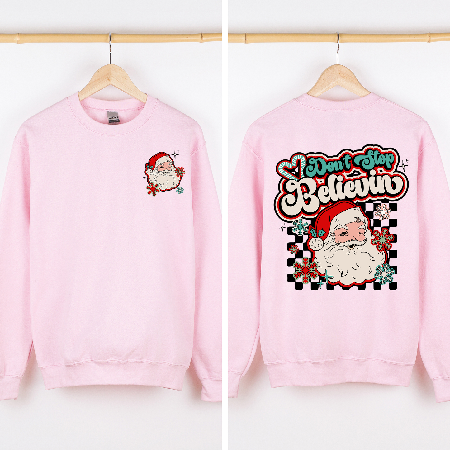 Don't Stop Believin, Santa, Retro, Checkered, Christmas, Front and Back Sweatshirt