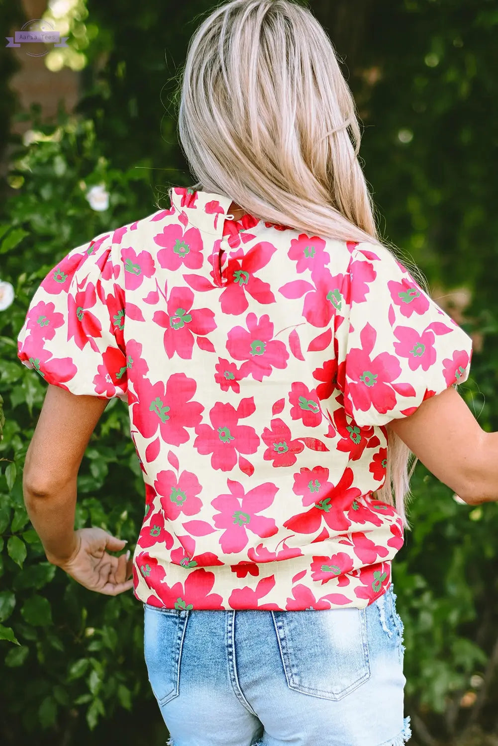 Elyse Floral Puff Sleeve Frilled Neckline Blouse Threaded Pear