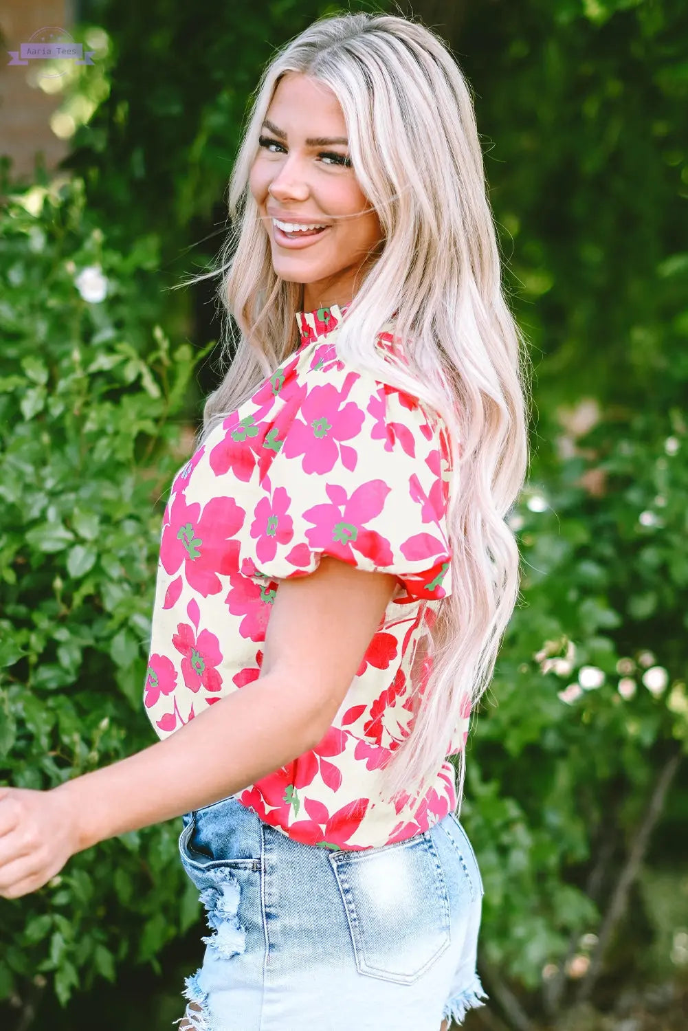 Elyse Floral Puff Sleeve Frilled Neckline Blouse Threaded Pear