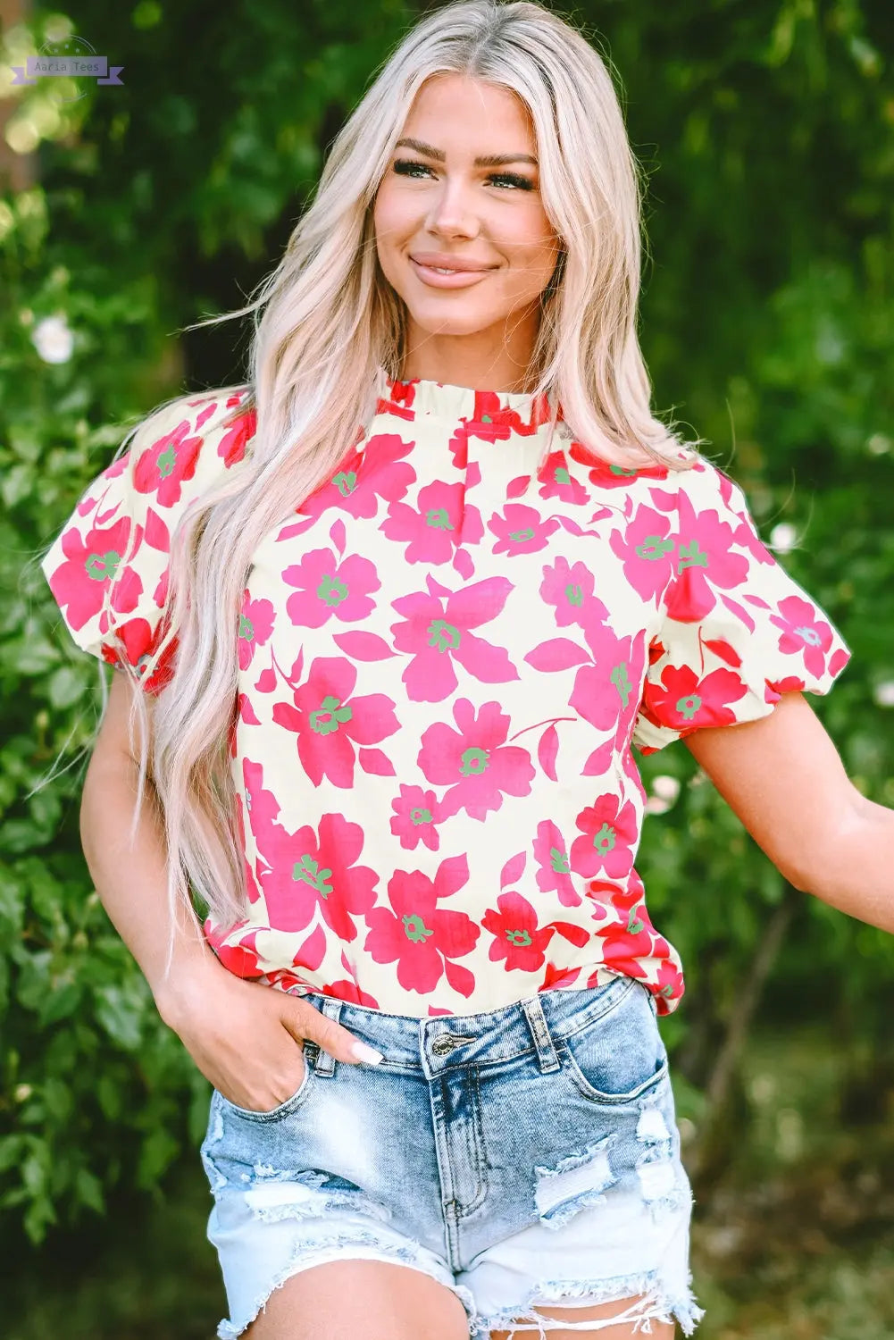Elyse Floral Puff Sleeve Frilled Neckline Blouse Threaded Pear