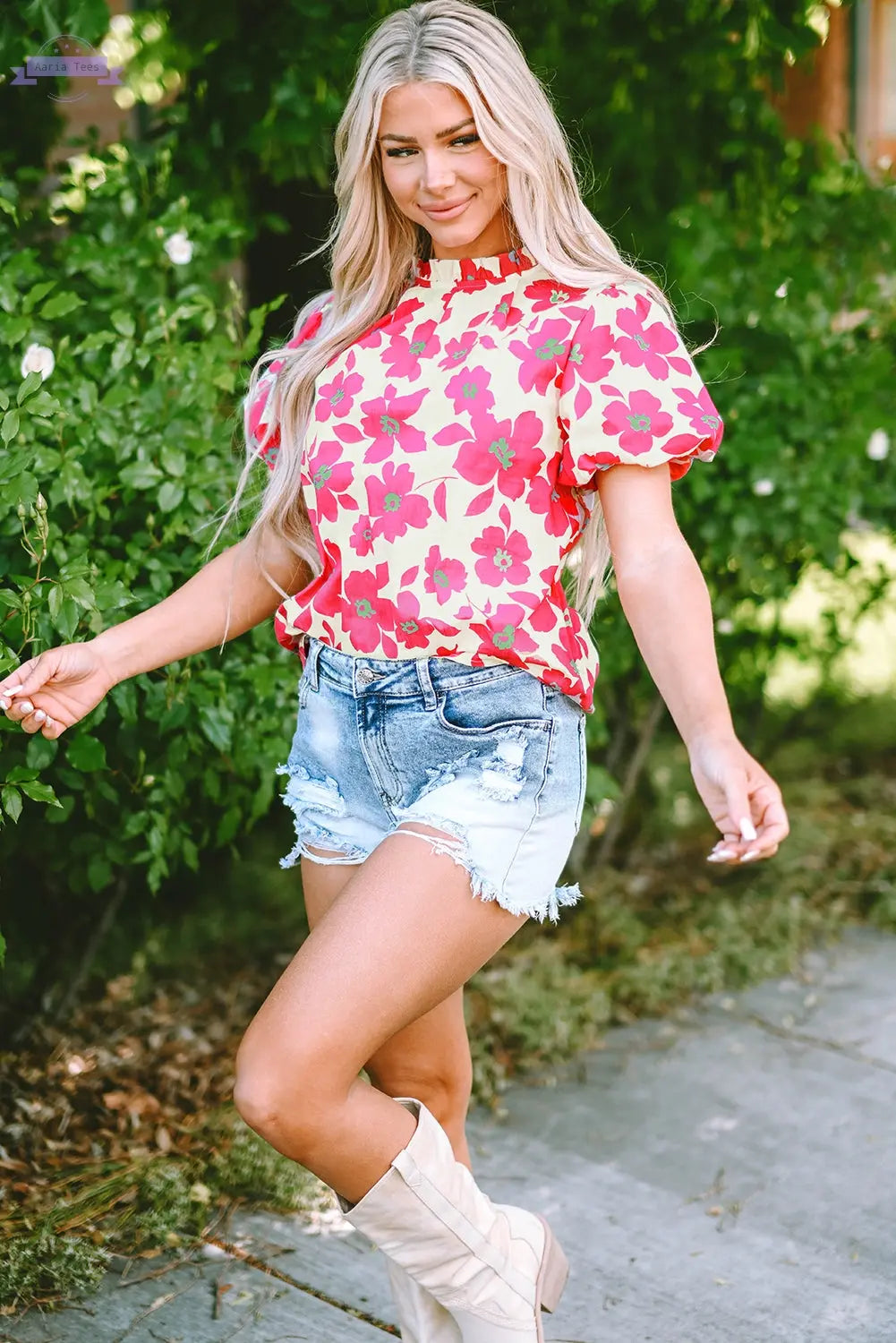 Elyse Floral Puff Sleeve Frilled Neckline Blouse Threaded Pear
