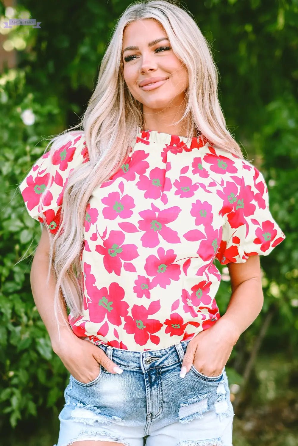 Elyse Floral Puff Sleeve Frilled Neckline Blouse Threaded Pear