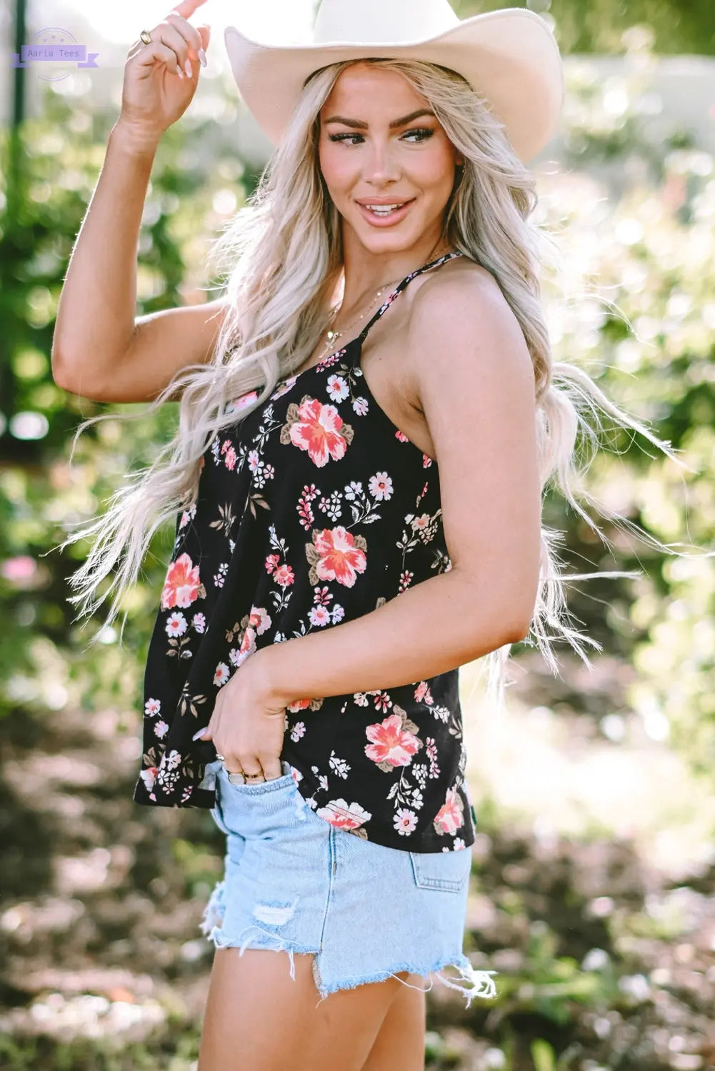 Fallon Floral Spaghetti Straps Strappy Back Tank Top Threaded Pear