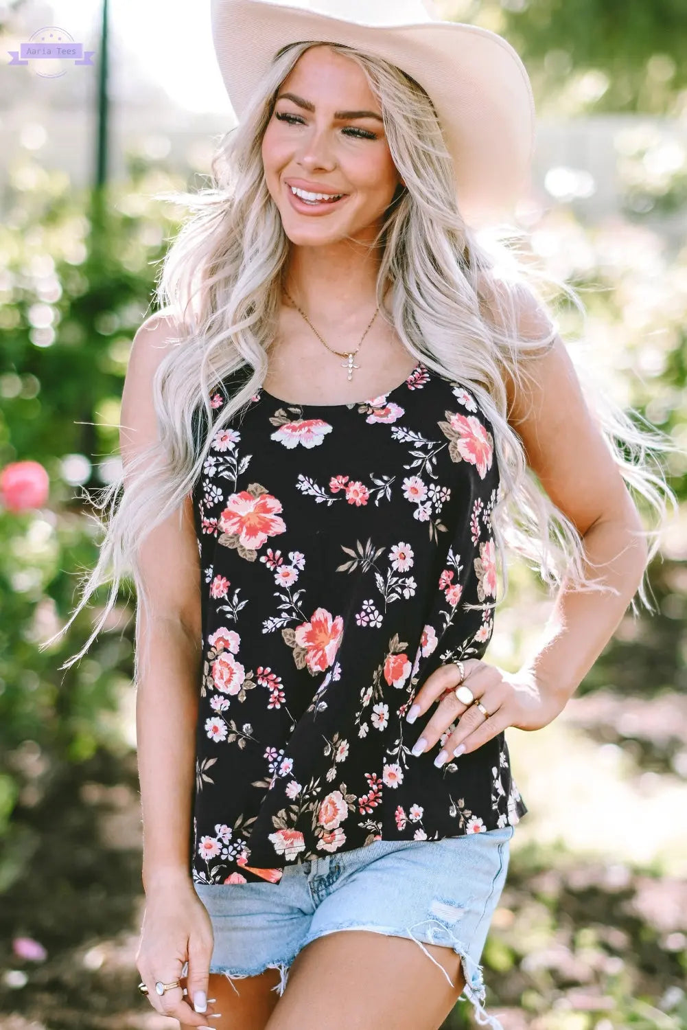 Fallon Floral Spaghetti Straps Strappy Back Tank Top Threaded Pear