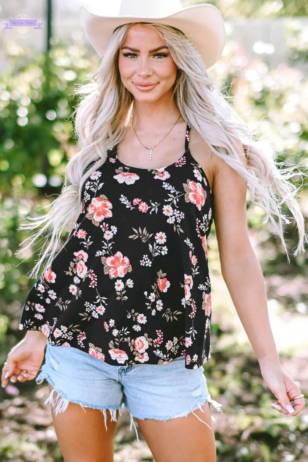 Fallon Floral Spaghetti Straps Strappy Back Tank Top Threaded Pear
