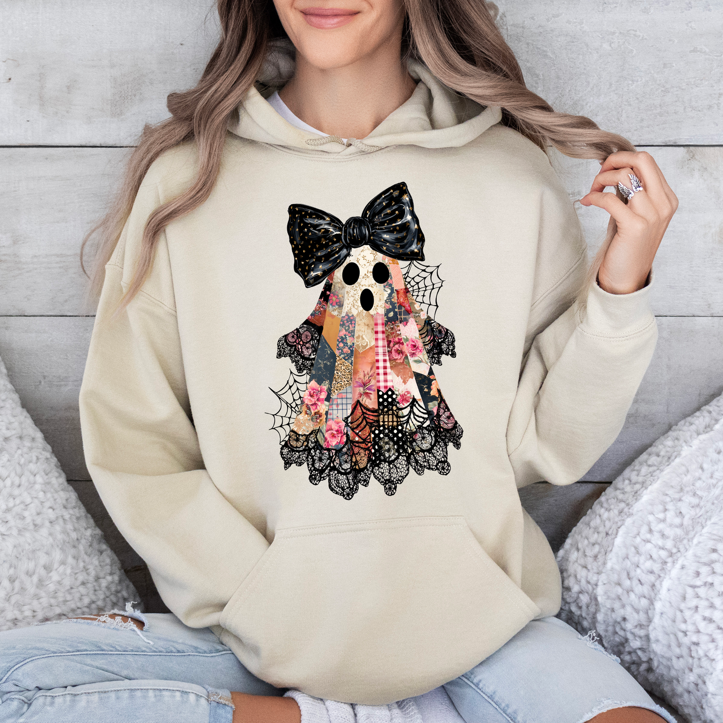 Faux Patchwork Lace Ghost Shirt, Patchwork Ghost, Lace Ghost, Spooky Season, Coquette Ghost, Graphic Hoodie, Hooded Sweatshirt