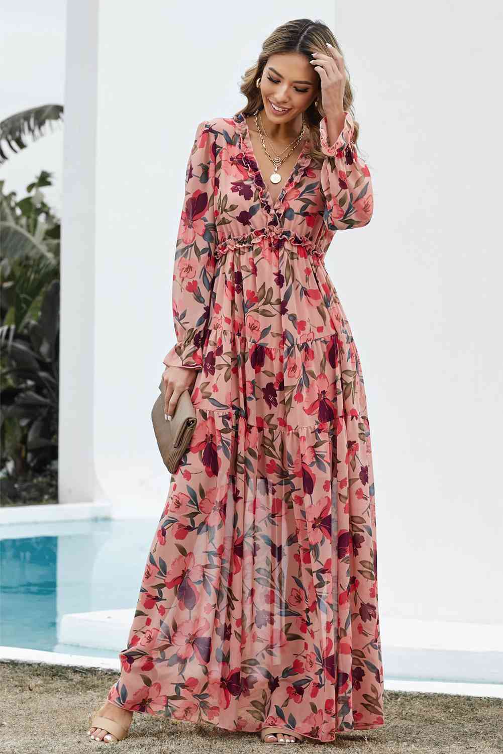 Floral Frill Maxi Dress - Aaria Tees
