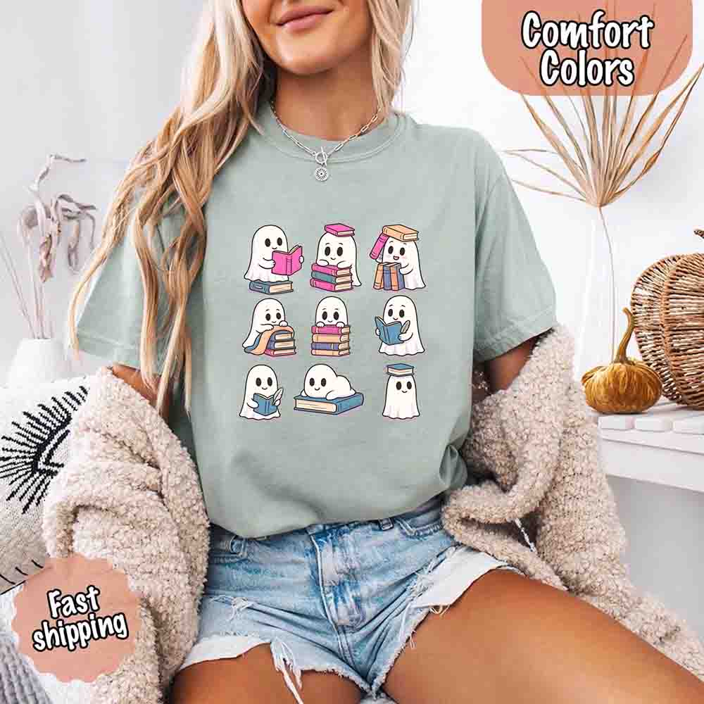 Ghost Reading Comfort Colors Shirt – Spooky Book Lover Halloween Tee