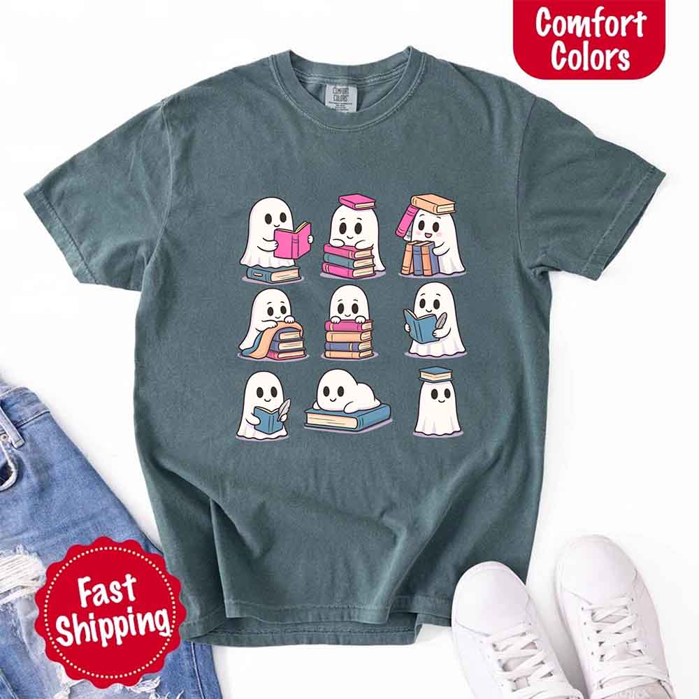 Ghost Reading Comfort Colors Shirt – Spooky Book Lover Halloween Tee