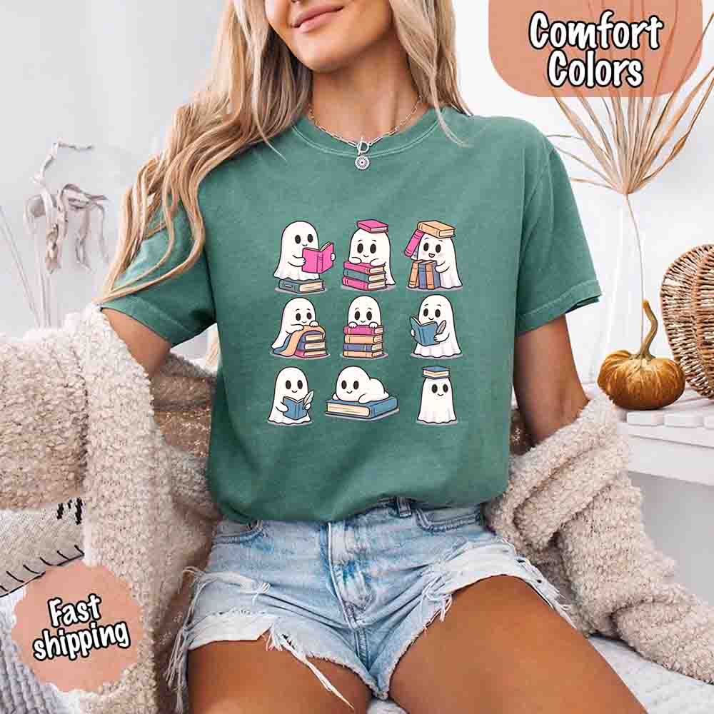 Ghost Reading Comfort Colors Shirt – Spooky Book Lover Halloween Tee