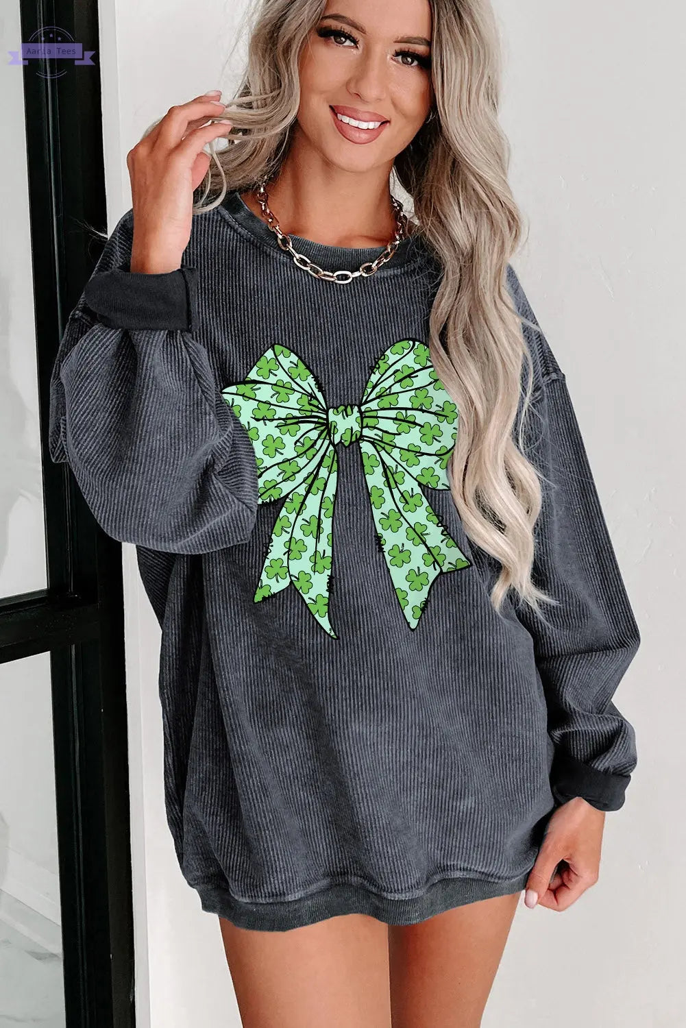 Gray Clover Bowknot Graphic Corded Pullover Sweatshirt Aaria Tees
