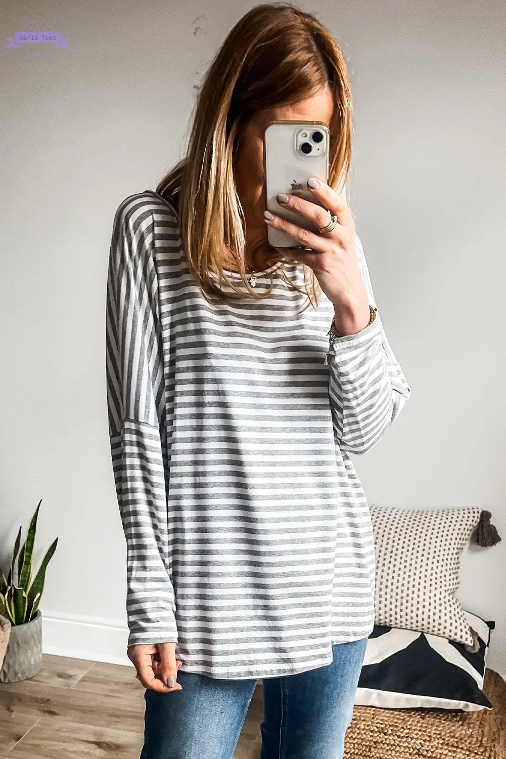 Gray Stripe Drop Sleeve Round Neck Oversized Long Sleeve Top Aaria Tees