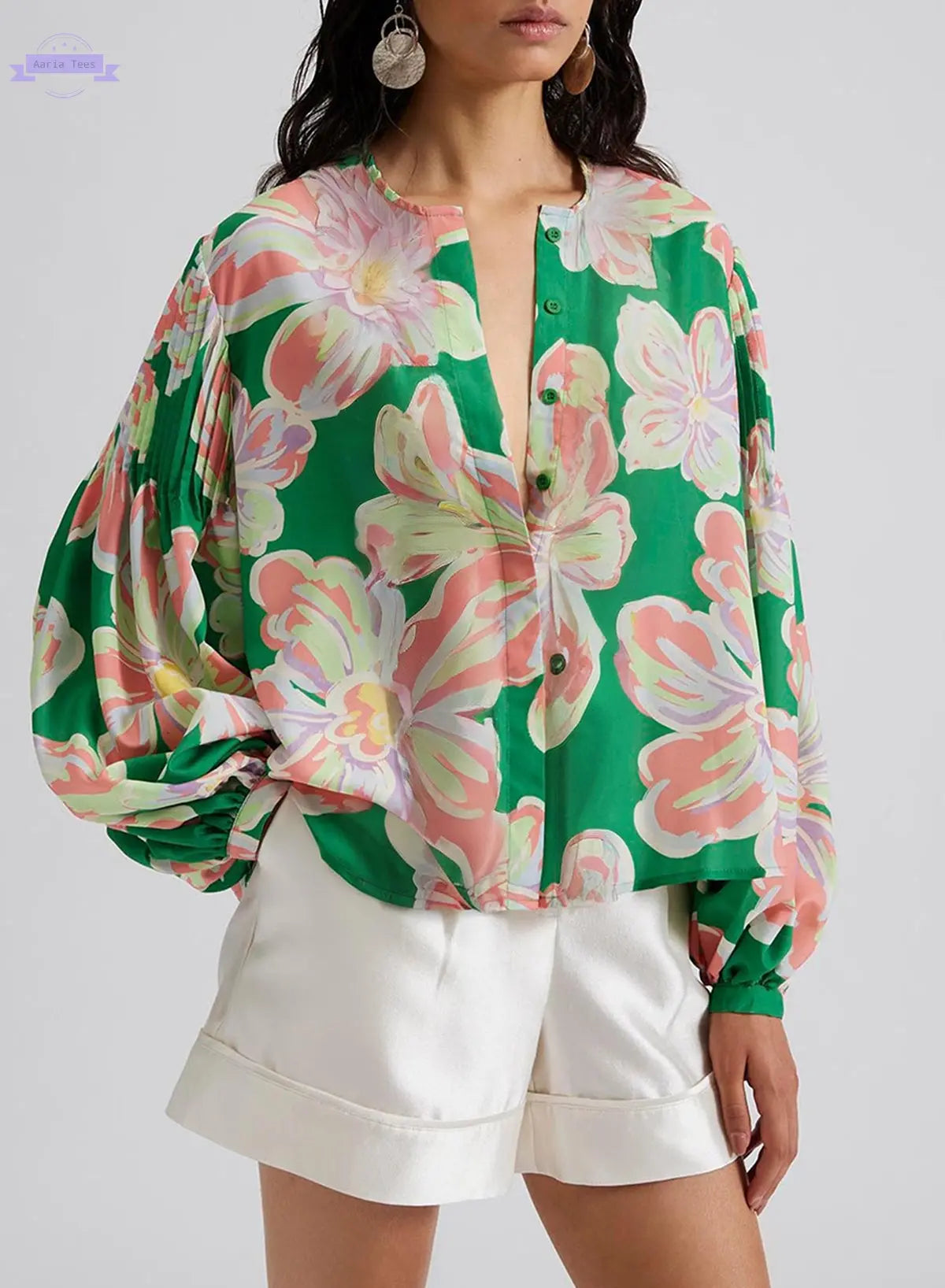 Green Floral Print Button up Pleated Puff Sleeve Loose Shirt Aaria Tees Aaria Tees