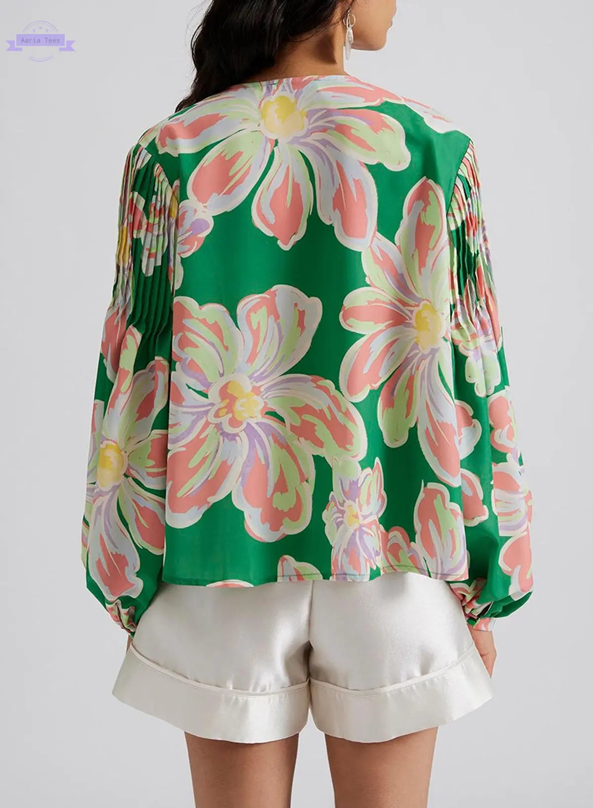 Green Floral Print Button up Pleated Puff Sleeve Loose Shirt Aaria Tees Aaria Tees