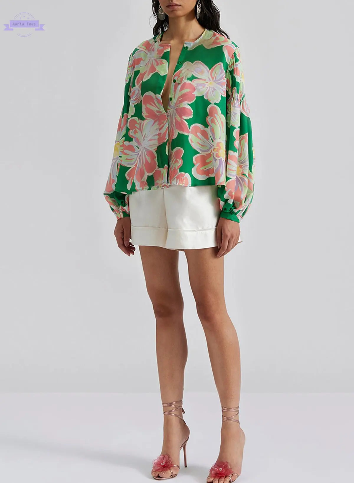 Green Floral Print Button up Pleated Puff Sleeve Loose Shirt Aaria Tees Aaria Tees
