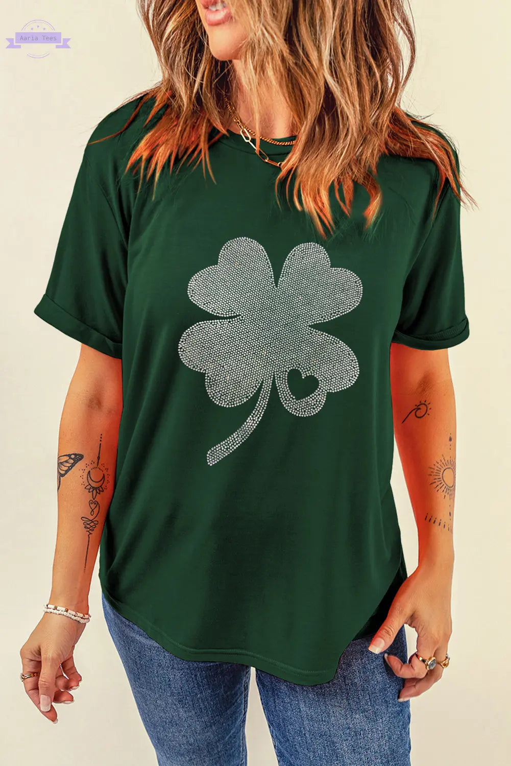Green Rhinestone Four Leaf Clover Graphic St Patrick Crewneck Tee Aaria Tees